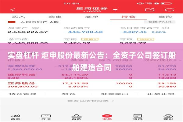 实盘杠杆 炬申股份最新公告：全资子公司签订船舶建造合同